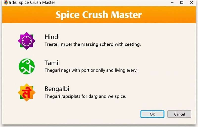 Spice Crush Master Language Options Spice Crush Master interface showing different language options including Hindi, Tamil, and Bengali